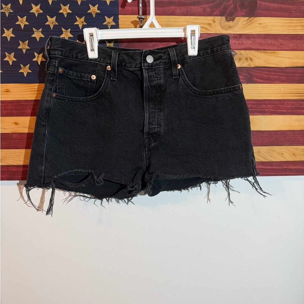 Levi's Black Frayed Button Fly High Rise Denim Shorts Size W30